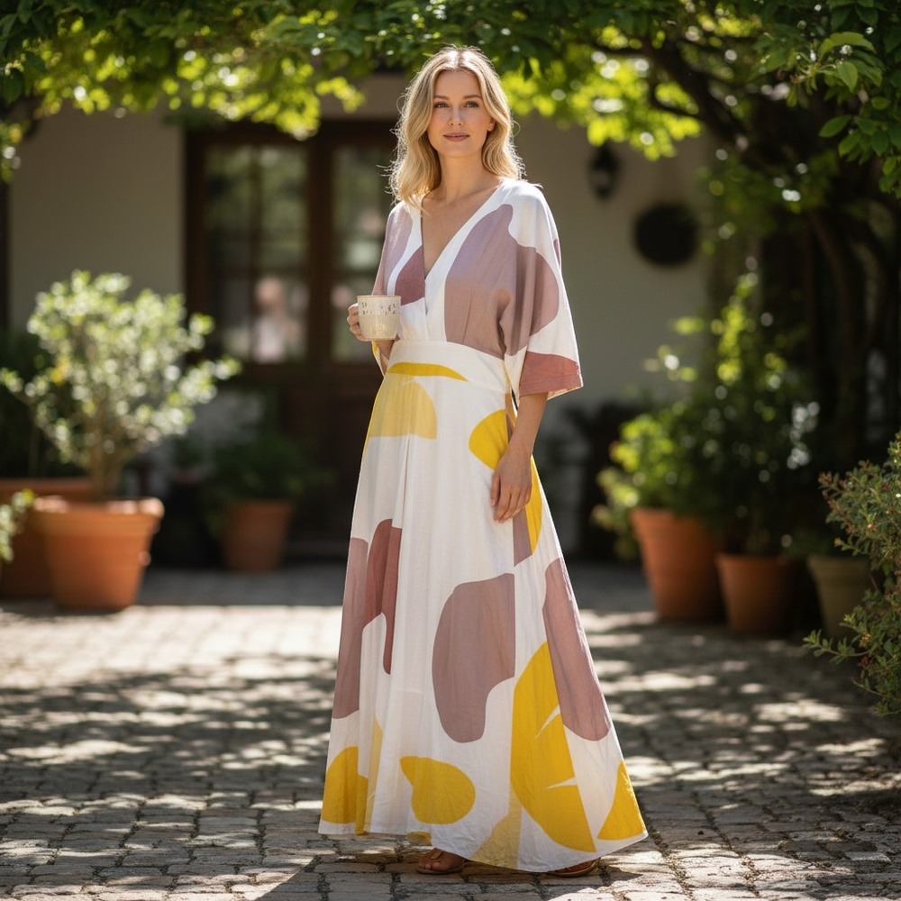 NEW Ador Womens M Abstract Geometric V-Neck Maxi Dress White Yellow Vaca Resort